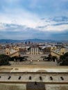 Four pillars at the font magica at plaza espanya place Barcelona view during night evening sunset sunrise spain castle Royalty Free Stock Photo