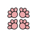 The four pink paws of the animal as seen from below. Pink paw prints. Vector illustration on a white background.