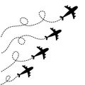 Four plane icon set. Airplane flying. Black silhouette shape. Four dash line loop in the sky. Travel trace. Love romantic card. Royalty Free Stock Photo