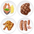 Four plates of grilled food with different meats