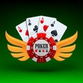 Four playing cards and a gambling chip on green background with golden wings Royalty Free Stock Photo