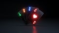 Four Playing Cards Stack With Futuristic Neon Lights Isolated On The Black Background - 3D Illustration Royalty Free Stock Photo