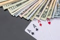 four poker aces above dollar. Royalty Free Stock Photo