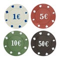 Four poker chips isolated on white