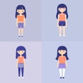 Four positions of a cartoon girl with different outfits. Happy young female with blue hair, casual clothes. Fashion