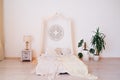 Four-poster bed and bright interior. Scandinavian style Royalty Free Stock Photo