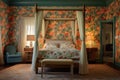 a four-poster bed set against a floral wallpapered room
