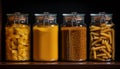 Four preserving jars on kitchen cupboard with assortment of pasta, grain and lentils. Minimalistic wallpaper with dark background