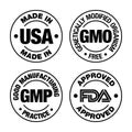 Four product badges, made in USA, GMO free, Good manufacturing practice, approved