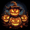 Four pumpkins with carved faces, AI-generated.