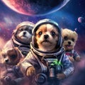 four astronaut puppies in space