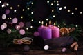 Four purple burning advent candles, Christmas eve Royalty Free Stock Photo