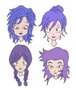 Four purple hair women faces