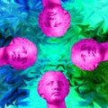 Four purple pink antique head on a green blue retro vaporwave background. Contemporary art collage.