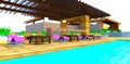 Four purple sun loungers near the pool in the bar on the deck on the territory of the suburban wooden house. 3d rendering