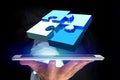 Four puzzle pieces making a logo on a futuristic interface - 3d Royalty Free Stock Photo