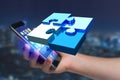 Four puzzle pieces making a logo on a futuristic interface - 3d Royalty Free Stock Photo