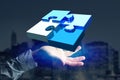 Four puzzle pieces making a logo on a futuristic interface - 3d Royalty Free Stock Photo