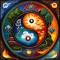 The four quadrants represent the four elements of nature - fire, water, clouds, and plants.