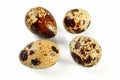 Four quail eggs isolated on white background.