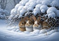 Four rabbits are sheltered under snow-laden branches in a winter Royalty Free Stock Photo