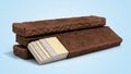 Four rectangle shape wafer biscuits in chocolate icing 3d render on blue gradient