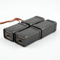 Four rectangular black adapters with USB ports arranged in pairs. Each has a matte Royalty Free Stock Photo