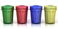 Four recycle bins for recycling paper, metal, glass and plastic