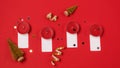 Four Red Advent Candles on Christmas Red Background White Blancks for Numbers from one to Four Gold Christmas Tree Golden Confetti Royalty Free Stock Photo