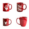 Four Red Christmas-Themed Mugs with Different Designs Royalty Free Stock Photo