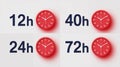 Four Red Clocks Displaying 12h 40h 24h and 72h Next to Their Respective Time Labels stock Royalty Free Stock Photo