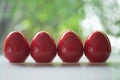 Four red of egg shape ceramic shakers for salt and pepper Royalty Free Stock Photo
