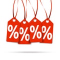 Four red hangtags with % signs Royalty Free Stock Photo
