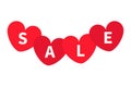 Four red heart set with text SALE. Happy Valentines Day discount price tags. Big sale label. Special offer labels. Love sticker. Royalty Free Stock Photo