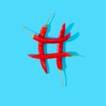 Four red hot chili peppers on a blue background assembled in a shape of hashtag. Social media or marketing idea creative concept