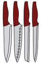 Four red large kitchen knives