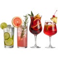 Four refreshing cocktails with fruit garnishes and ice on vactor white background drink Royalty Free Stock Photo