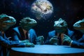 four reptile men in business suits sitting at the table in dark room, secret world government concept