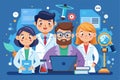 Four researchers work together at a desk, using a laptop surrounded by scientific tools and documents, Researchers Customizable Royalty Free Stock Photo