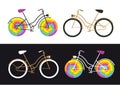 Four retro bikes icons on white and black background, simple and funny colorful bike