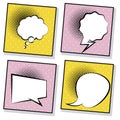 four retro speech bubbles drawn pop art style in pink and yellow backgrounds