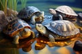 four river turtles crawled out onto the river bank to bask in the sun - Generative AI