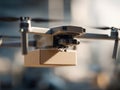 Four-rotor drone equipped with a high-resolution camera transporting a small cardboard package during an urban delivery operation Royalty Free Stock Photo