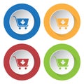 Four round color icons, shopping cart add