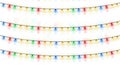 Four rows of festive colorful christmas string lights glowing brightly on white background white background Royalty Free Stock Photo