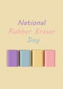 Four rubber erasers in pastel colors on a light yellow background. National rubber eraser day concept.