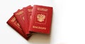 Four russian foreign passport on a white background.