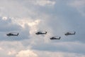 Four Russian Military attack helicopters fly in formation