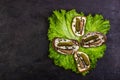 Four sandwiches with sprots and pickles on lettuce leaves. Copy space Royalty Free Stock Photo