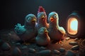 Frightened Flock: Four Hens Huddle Together with Lantern in the Night